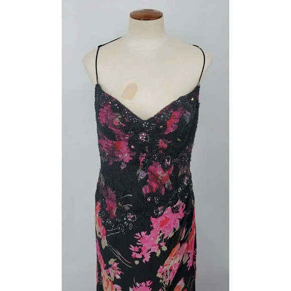 Ricki Freeman Teri Jon Silk Floral Sequin Beaded Halter Maxi Dress Sz 12 - Picture 4 of 16